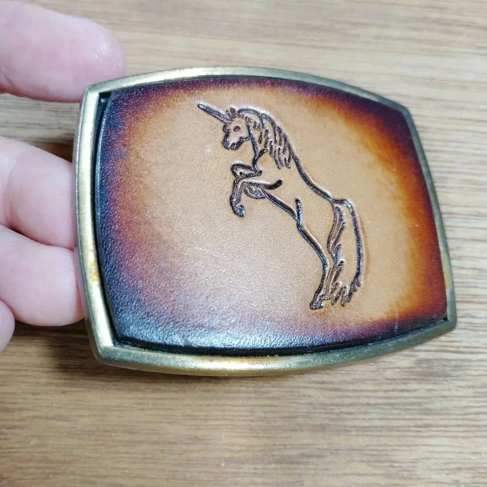 Vintage Unicorn Belt Buckle Leather Brown USA Mystical Fantasy Magical Carved
